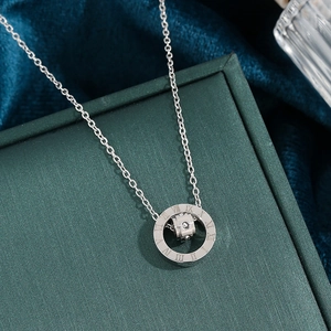 Titanium Steel Pendant Necklace Roman Numerals Double Ring Nested Spinning Zircon Inlaid Minimalist Jewelry For Women
