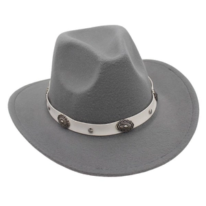 Detail of gray wool felt fedora featuring a white leather belt with vintage metal conchos