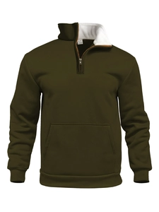 Detail of olive green hoodie showing white fleece lining, metal zipper and M size tag