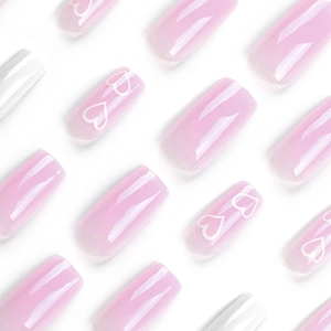Pink and white heart pattern square press-on nails set with glossy minimalist finish