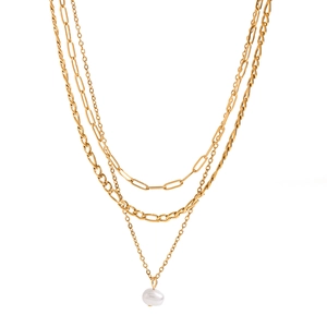 Layered gold stainless steel necklace with irregular white pearl pendant on white background