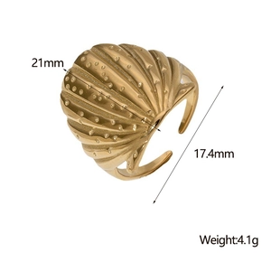 Detail view of gold seashell texture open ring showing 17.4mm to 21mm diameter specs