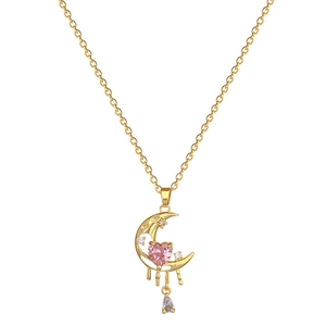 Titanium steel moon necklace with pink heart gemstone and sparkling tassels on white background