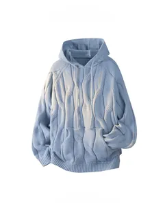 Detailed tile display of light blue cable knit hoodie with front kangaroo pocket