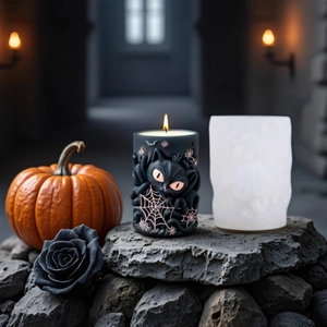 Halloween black cat and spider web 3D relief silicone candle mold on a rock pedestal