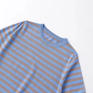 Classic round neck knit top with stylish horizontal blue and brown striped pattern