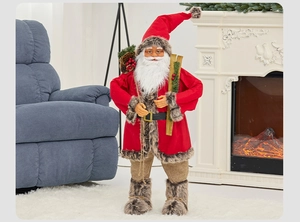 Standing Santa figurine with red velvet robe and wooden skis for Christmas decoration