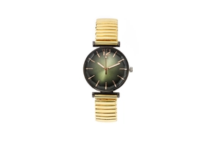 Detail of gradient green dial with geometric faceted glass and gold elastic band