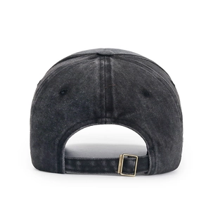 Rear view of washed black cotton baseball cap with adjustable metal buckle and distressed detail