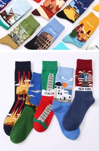 Detail view of colorful knitted cotton socks featuring world famous landmarks and cityscape