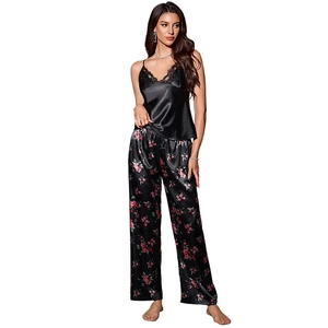 Ensemble nuisette en satin noir et pantalon floral avec dentelle pour l'été chic