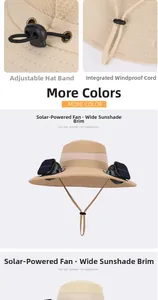 Détail des doubles ventilateurs solaires sur un chapeau beige avec filet respirant