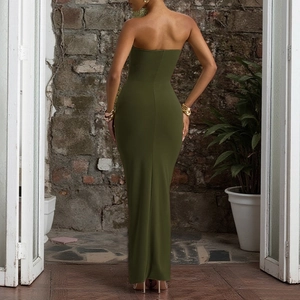 Elegant olive green ruched tube dress with backless design for a sexy slim-fit party look