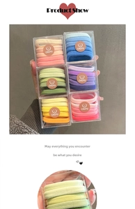 Macro shot of colorful high-elastic seamless hair ties in a clear square gift box
