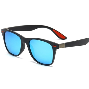 Classic matte black sunglasses with blue mirrored lenses and red temple accents