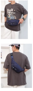Vertical collage of navy blue waist bag showing waist and crossbody wear styles