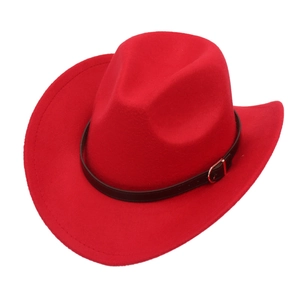Classic red cowboy felt hat featuring a black leather band and gold metal buckle detail