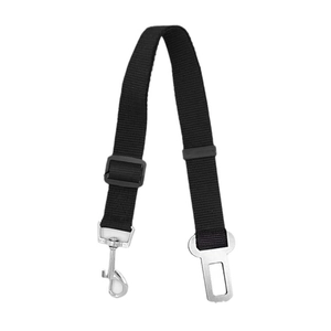Adjustable nylon dog car seat belt in black with rotating alloy hook and safety buckle