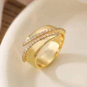 Polished gold plated geometric open ring with pave set cubic zirconia crystals