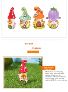 Miniature resin fairy garden houses set featuring mushroom and flower designs for decor