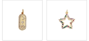 Detailed macro view of gold plated celestial pendants with zircon stars and moon inlays
