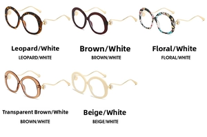 Detail view of five chic round frame sunglasses with pearl accents and gold metal temples