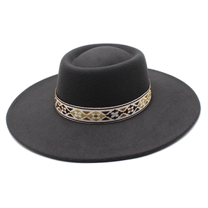 Retro charcoal grey wide-brim wool felt hat with geometric ethnic embroidery band
