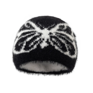 Women's black knit beanie with white butterfly pattern and soft plush faux mink texture