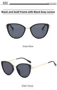 Detail view of cat eye sunglasses with black and gold frames and dark grey lenses