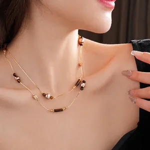 Mehrlagige Halskette Mit Künstlichem Tigerauge Und Künstliche Perlenimitat Retro Geometrische Lange Pulloverkette Für Damen