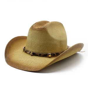 Western Cowboy Straw Hat Leopard Print Band Star Metal Decor Wide Brim Sun Protection Retro Jazz Style For Men Women