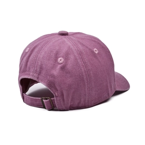 Back view of a washed distressed purple cotton baseball cap with adjustable strap