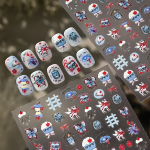 Retro hand-drawn blue and red cartoon deer nail stickers with artistic lettering