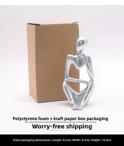 Silver thinker statue shown with protective packaging and dimensions 8.5x8.5x14.5cm
