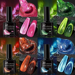 Detailed swatches of Starry Dancing cat eye nail gel in four vibrant galaxy effect shades