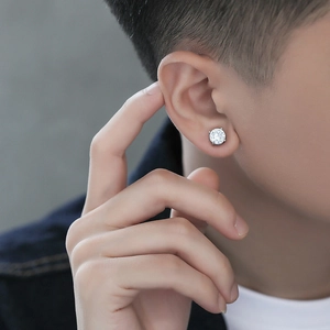 Classic silver magnetic stud earring with a round-cut sparkling cubic zirconia for men