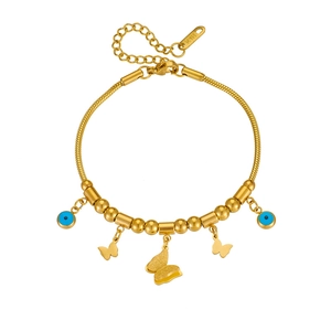 Gold titanium steel bracelet featuring butterfly charms and blue evil eye beads
