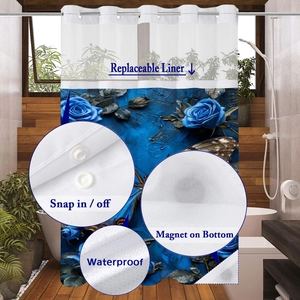 Detail of waterproof double-layer shower curtain with snap-in liner and magnetic bottom