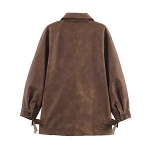 Deep brown faux leather jacket for women with lapel collar and adjustable hem back view