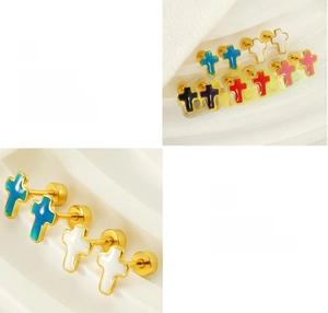 Macro detail of enamel cross stud earrings with secure screw-back design in multiple colors