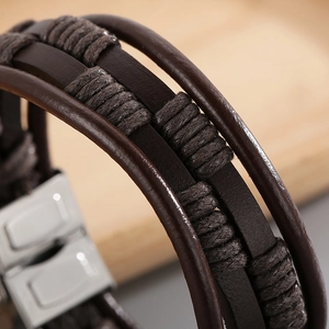 Men's multilayer braided dark brown leather bracelet with polished silver clasp