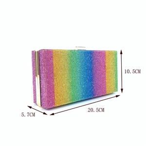 Detail view of rainbow crystal clutch bag showing dimensions 20.5cm by 10.5cm by 5.7cm