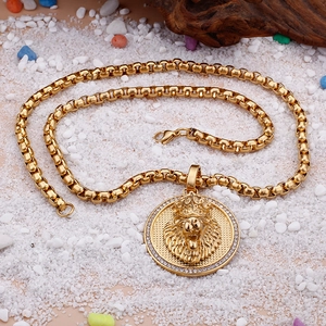 Hip hop lion head pendant with crystal accents on a gold box chain necklace