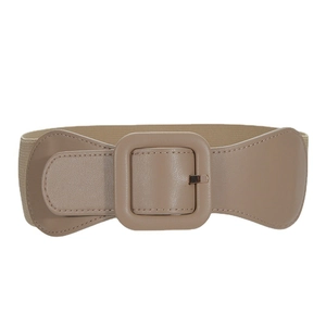 Beige wide elastic cinch belt for dresses with a square PU leather buckle and gold pin