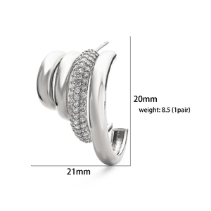 Modern C-shaped triple layer silver earrings with white cubic zirconia inlay for women