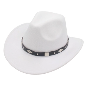 Classic white felt cowboy hat with curved brim and silver metallic hardware detailing