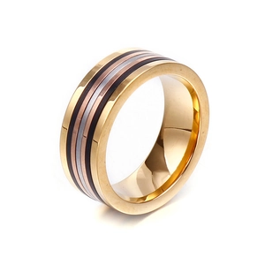 Polished stainless steel wide band ring featuring colorful stripes on a gold finish