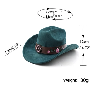 Detailed size chart of a green suede cowboy hat featuring floral embroidery and leather band