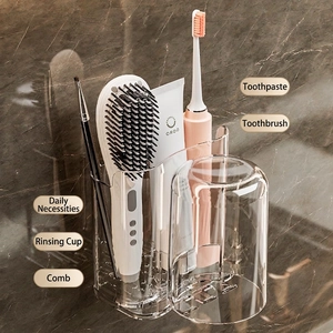 Wall-mounted acrylic bathroom organizer set with toothbrush holders and drainage cups