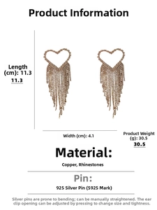 Detailed size chart for heart tassel earrings showing 11.3cm length and 4.1cm width